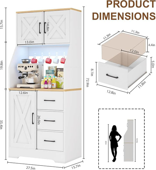 DreamDashio Pantry Cabinet with Adjustable Shelves and 3 Drawers, Tall Kitchen Pantry Storage Cabinet with LED Light & Charging Station, Kitchen Hutch with Microwave Shelf & 6 Hooks for Dining Room
