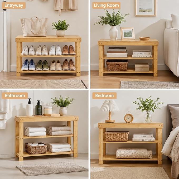Shoe Rack Bench, 3-Tier Shoe Storage Organizer for Entryway , Shoe Shelf for Small Spaces, Multi-Functional Side Table Plant Stand, Shoe Stand for Bedroom, Living Room, Closet, Front Door, Natural