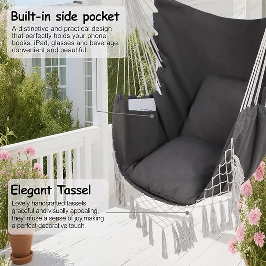 Hammock Chair Hanging Rope Swing Chair,Max 450 Lbs, Large Hanging Chair with Pocket, 2 Cushions, Removable Steel Bar, Hardware Kit Included, Superior Comfort for Indoor Outdoor (Dark Grey)