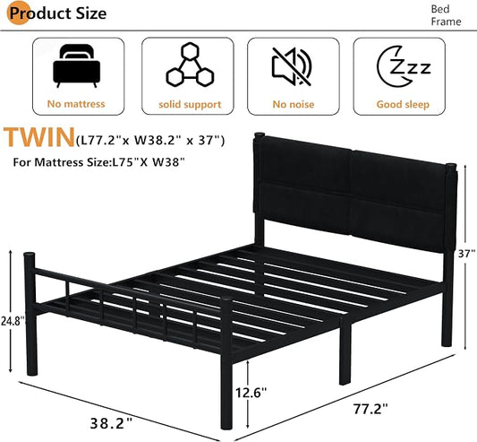 Metal Bed Frame,14Inch Twin Bed Frame with Headboard,Heavy Duty Sturdy Mattress Foundation,Easy Assembly,No Box Spring Needed,Black Twin Size