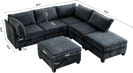 ORRD Corner Modular Sectional Sofa Set, Convertible L Shaped Couch with Storage, 6 Seater Sofa Modular with Ottomans and Reversible Chaise for Living Room, Office (Blue Grey)
