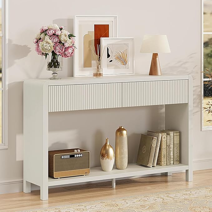 FATORRI Entryway Console Table with 2 Drawers, 47.2 inch Modern Sofa Table for Living Room, Couch Tables Behind Sofa and Hallway Tables with Storage, Antique White