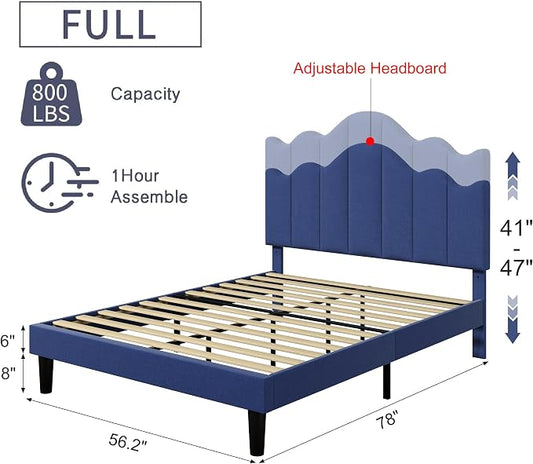 VECELO Full Size Upholstered Platform Bed Frame with Adjustable Headboard, Wood Slat Support and Noise-Free, No Box Spring Needed, Easy Assembly, Dark&Blue