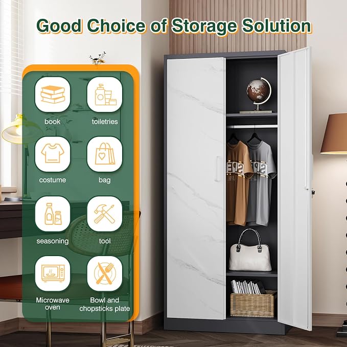 Letaya Wardrobe Closet, 72" H Clothing Storage Cabinet with Adjustable Shelves and Hanging Rod, Bedroom Armoire Clothes Organizer (White Gray)