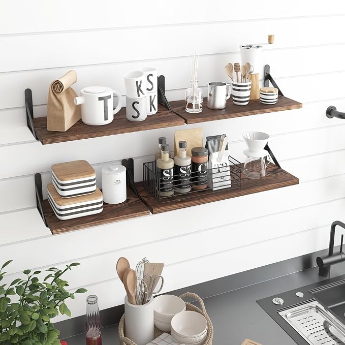 YGEOMER Floating Shelves for Wall, Different Sizes Dark Carbonized Pine Wall Shelves for Living Room, Bathroom, Bedroom, Kitchen, Home Decor (Set of 4)