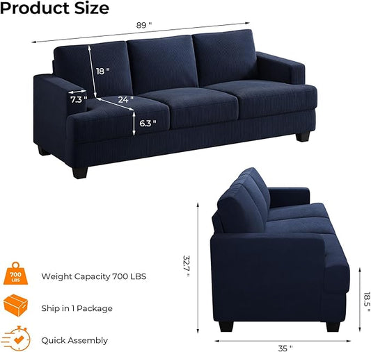 COPIAE 89 Inch Sofa with Extra Deep Seats Oversize, 3 Seater Sofa for Living Room, Modern Couch and Sofa, Comfy Armrests and Seats and Backrests, Easy Installation, Corduroy Fabric Blue