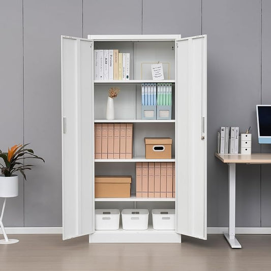 Wanfu Metal Storage Cabinet, 71”H Locking Storage Cabinet with 5 Adjustable Shelves, Steel Cabinets for Garage, Home, Office, Pantry (White)