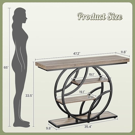 Huuger 47.2 Inch Entryway Table, Industrial Console Sofa Table with Storage, Accent Table with Shelves, for Entry, Hallway, Entrance, Foyer, O-Shaped Metal Frame, Grey