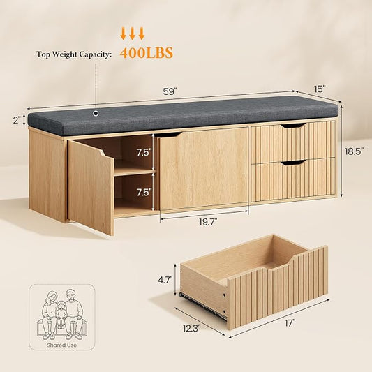 59" Storage Bench with Drawer, 2-Tier Shoe Bench with Doors, Long Entryway Bench, Thickened Cushion, Adjustable Shelf, Fluted Design for Entryway, Bedroom, Living Room, Natural