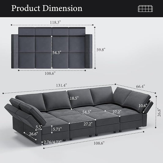 Vesgantti Sectional Sleeper Sofas with Storage, 118" Sofa Bed with 8 Seats Storage Chaises Removable Cover, Deep Seat Modular Couches Velvet Couch Set for Living Room, Apartment, Home Theater, Gray