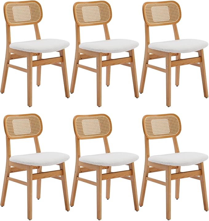 ROCITY Rattan Dining Chairs Set of 6 White Lambswool Dining Room Chairs Natural Wooden Kitchen Chairs Farmhouse
