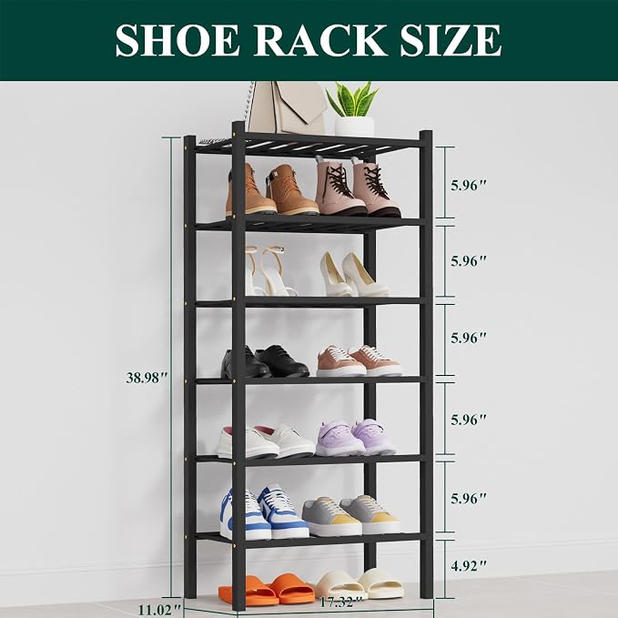 Smiry Small Bamboo Shoe Rack, 6 Tier Free Standing Wooden Shoe Organizer, Stackable Wood Shoe Storage Shelf for Closet, Entryway, 14 Vertical Slats, 2+2+2 Stack Thicker Legs, 17.3"x11"x39", Black