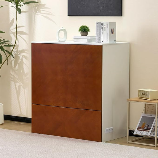 VINGLI Twin Murphy Bed with Storage Drawer,Rustic & Scandinavian Style Foldable Bed Cabinet with Charging Station,Hideaway Paltform Panel Bed for Small Spaces,Guest Room,Office,Apartment,Golden Brown