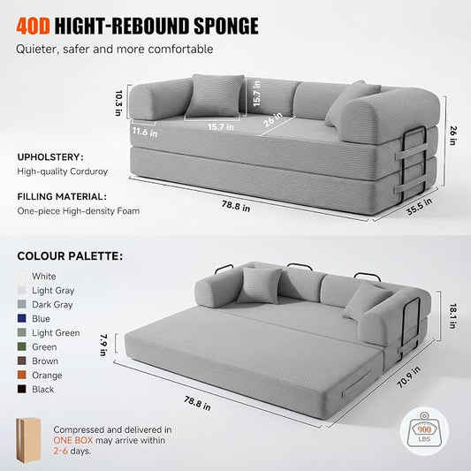 79" Convertible Sleeper Sofa Bed, Corduroy Boneless Fold-Out Couch in a Box, 4-in-1 Loveseat/Futon Couch, High-Density Foam, No Assembly, Side Pockets, 2 Pillows for Small Spaces, Light Grey