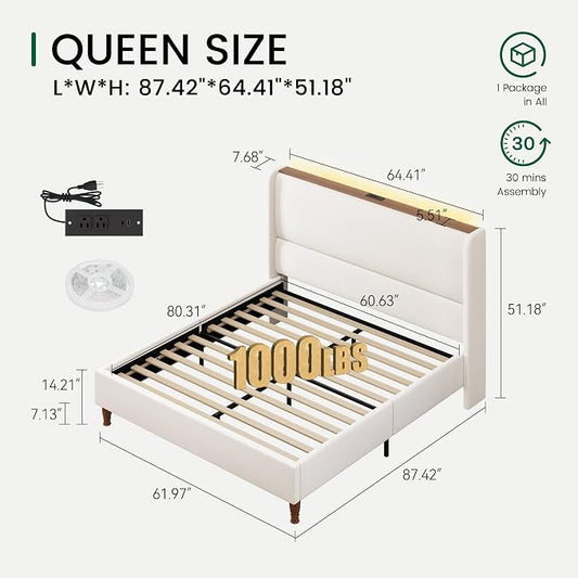 LARMACE Queen Size Bed Frame with LED Lights and Charging Station Linen Upholstered Platform Bed Frame with 51.2" Tall Headboard Wingback and Storage Shelf, No Box Spring Needed, Noise Free, Beige