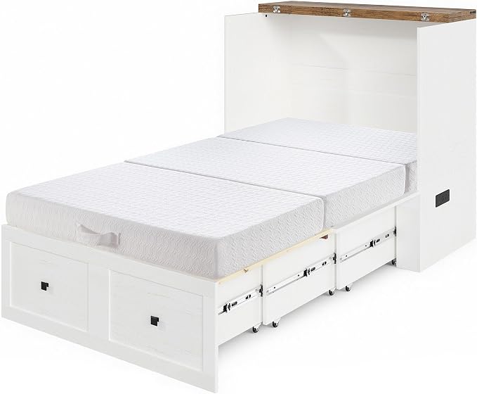 LUXOAK Twin Murphy Bed with 6" Tri-Fold Memory Foam Mattress, Storage Drawer & Charging Station, Space-Saving Design for Home Office or Guest Room, White