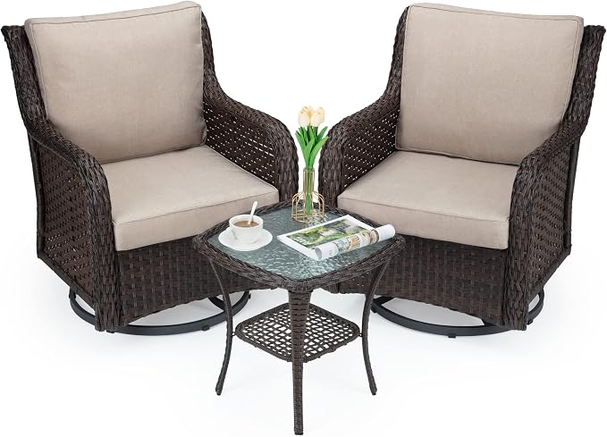 Towallmark Outdoor Swivel Wicker Glider Patio Chairs with Table Set, 3 Pieces Outdoor Bistro Set with 4”Thick Cushions and Coffee Table for Porch, Balcony, Deck (Beige)