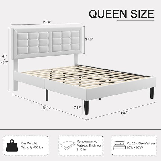 VECELO Queen Size Bed Frame, Adjustable Upholstered Button Tufted Headboard, Heavy-Duty Bedframe with Wood Slats Support, No Box Spring Needed, Linen & White