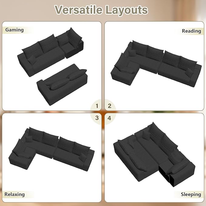 Sectional Cloud Couch for Living Room, Modern Modular Floor Deep-Seat Sofa, Upholstered L Shaped Sofas, Big Comfy Corduroy Couches Set for Living Room Bedroom, No Assembly Required, Black