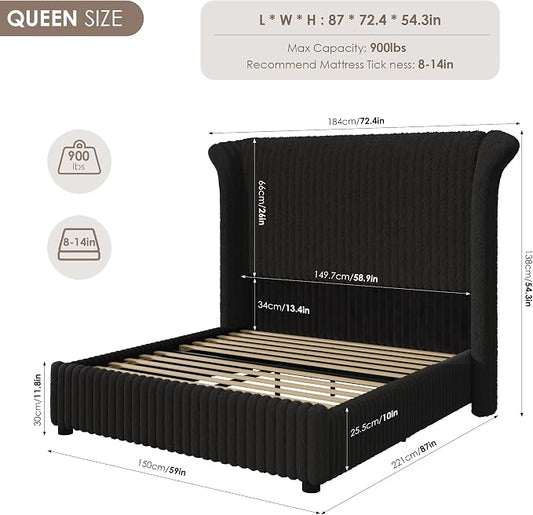Keyluv Queen Bed Frame with 54” Tall Faux-Fur Wingback Headboard, Upholstered Platform Bed with LED Light, Mattress Foundation with Solid Wooden Slats Support, No Box Spring Needed, Noise-Free, Black