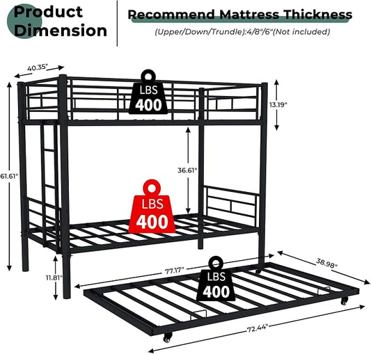 Bunk Bed with Trundle, Metal Twin Bunk Beds with Guardrail and Ladder for Kids/Teenagers/Adults, Space-Saving Bunk Bed Can be Split Into 3 Beds, No Box Spring Needed(Black, with Trundle)