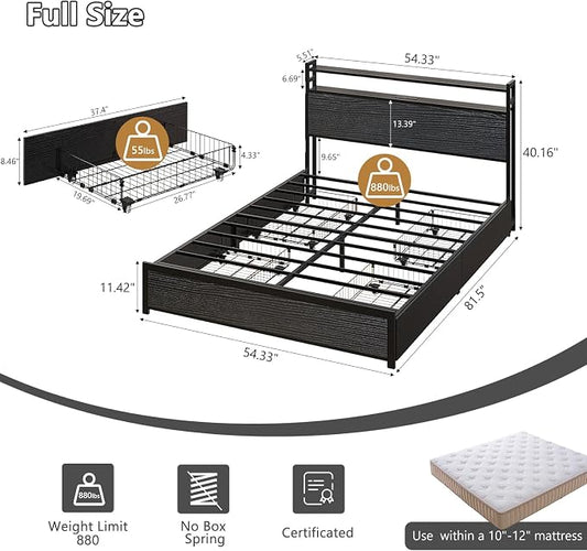 VINGLI Queen Platform Bed Frame with 4 Storage Drawers and Adjustable Headboard Shelf, Metal Bed with Charging Station and LED Lights, No Box Spring Needed, Noise Free, Easy Assembly, Black