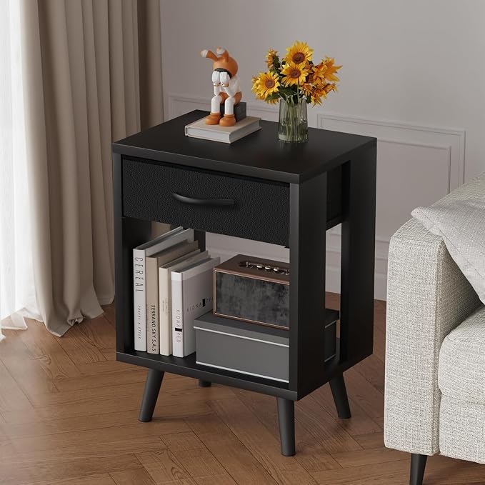 GYIIYUO 24" H Nightstands Set of 2 with Fabric Drawer, Black | Open Wood Shelf, Side Table with Storage for Bedroom, Spacious 15.7"L x 11.8"W x 24"H Top Fits Lamp + Books, Stable Frame