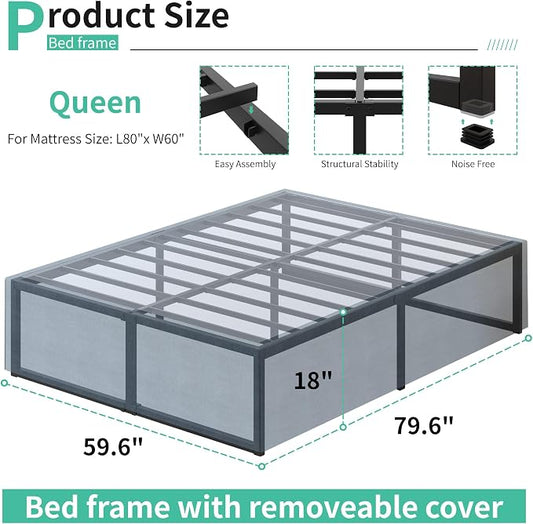 Lutown-Teen 18 Inch Queen Bed Frame with Cover Skirt, Heavy Duty Steel Slat Support Metal Platform Bed Frame Queen Size No Box Spring Needed, Easy Assembly, Black and Blue