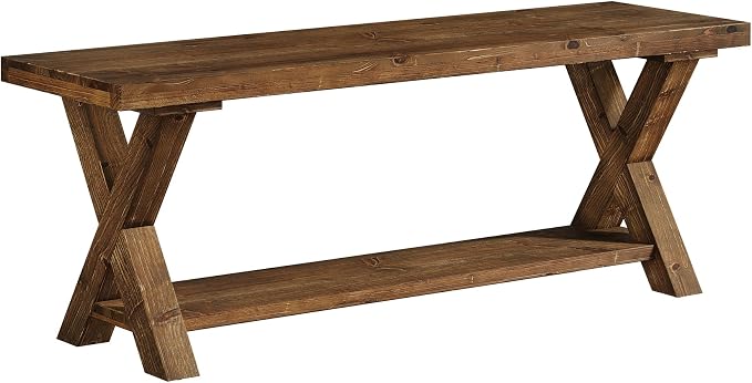 43.3" Solid Wood Bench, Farmhouse Wooden Entryway Bench with Storage Shelf, X-Shaped Leg Design, Entry Way Shoe Benches Seat for Hallway, Kitchen, Bedroom, Living Room