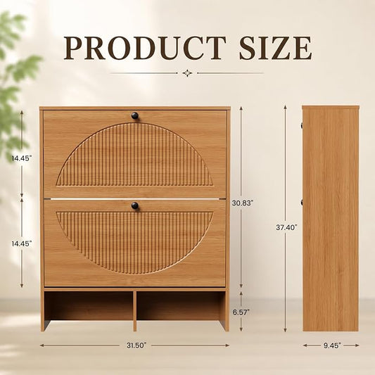 GRUSIGN Shoe Cabinet with 2 Flip Drawers, Narrow Shoe Cabinet Storage for Entryway, Freestanding Shoe Organizer with Adjustable Shelves & Anti-Tipping Device, Shoe Rack Cabinet for Hallway, Foyer