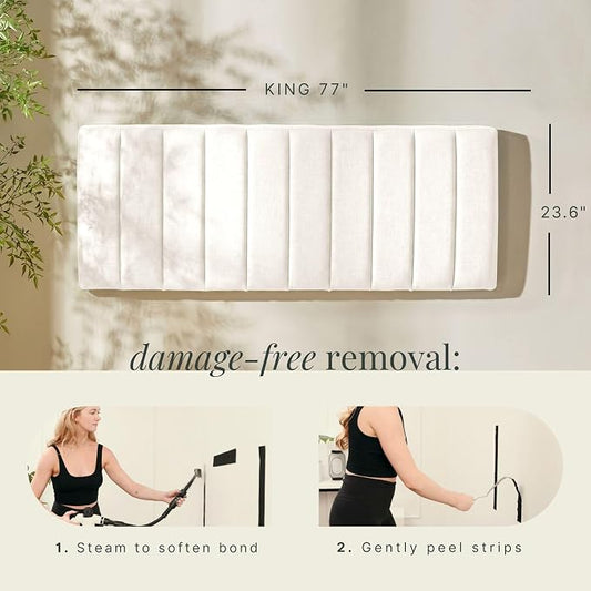 Hearth & Harbor Wall Mounted King Headboard Only, Bed Headboard King Size | Easy Assemble, Floating Peel & Stick, Upholstered Channel Stitched, 3D Wall Panels, 5 Strips of 3M Tape Included, Off White