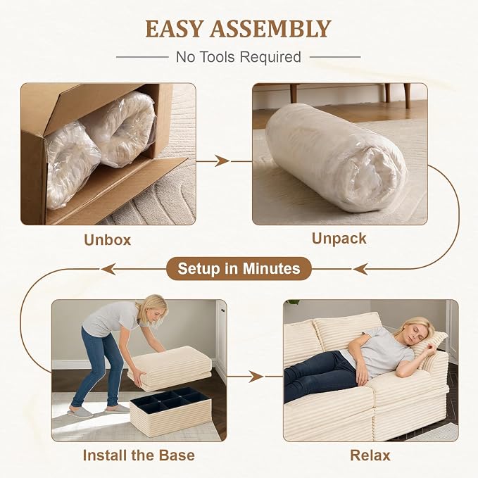 Upgrade Boneless Couch with Storage, Extra Deep&High Seat Modular Sectional Sofa 3 Seater L Shaped Cloud Couch with Ottoman, Tool-Free Assembly Sectional Couches for Living Room, Beige