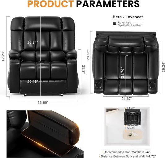 Oversized Recliner Chair with Massage & Heat, Extra Wide Seat Reclining Chair with Storage Side Pockets & Cup Holders, Clearance Big Man Recliners, Comfortable Manual Faux Leather King Chairs