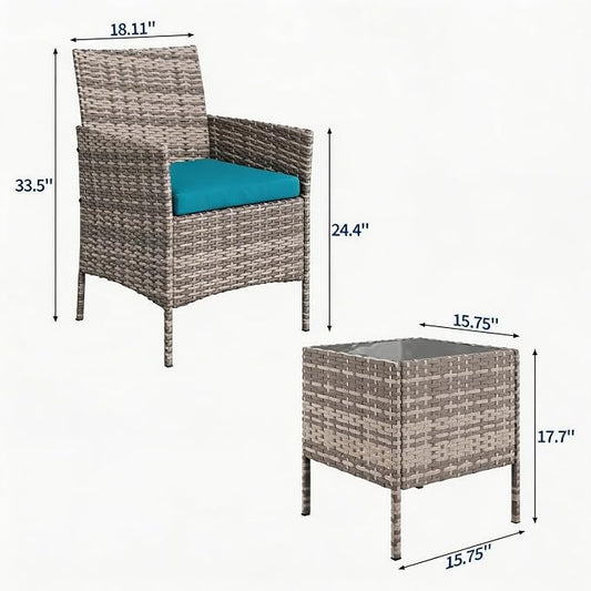 3-Piece Outdoor Furniture Set, PE Rattan Wicker Chairs with Soft Cushions & Tempered Glass Coffee Table - All-Weather Patio Set for Garden, Backyard, Porch, Poolside (Grey/Peacock Blue)