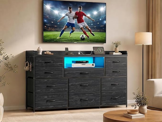 Bepatio LED Dresser for Bedroom with 11 Drawers,Power Strip,4 Hooks,Black | Stylish Dressers & Chests of Drawers with 2 Wood Storage Shelves, TV Stand for 50/55/60 Inch TVs, Sturdy Metal Frame