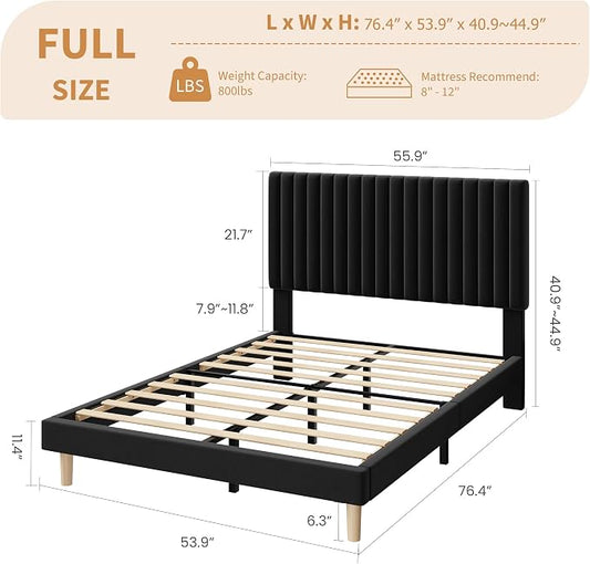 IDEALHOUSE Full Size Bed Frame with Adjustable Headboard, Velvet Upholstered Platform Full Bed Frame, Vertical Channel Tufted, Strong Wooden Slats, No Box Spring Needed, Easy Assembly, Black