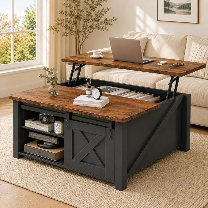 Simple Deluxe Lift Top Coffee Table with Storage, Farmhouse Coffee Table for Living Room, Coffee Tables with Hidden Storage, Coffee Tables with Lifting Top Center Table for Living Room (Black)