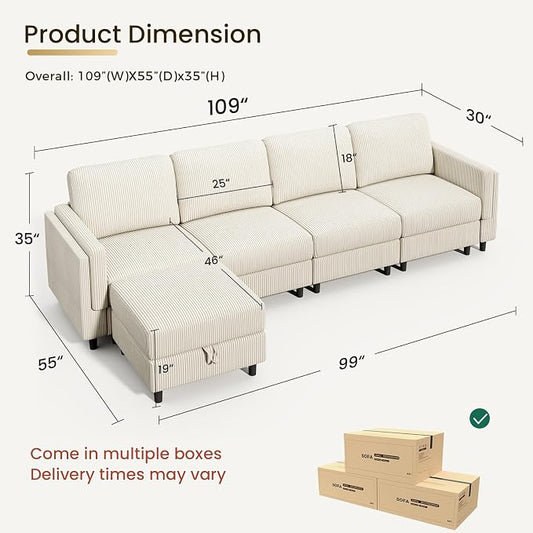 KKL Modular Sectional Sofa Bed with Storage Ottoman, Convertible L/U-Shaped Sleeper Couch for Living Room, Modern Reversible Design(Beige,5 Seater L Shape)