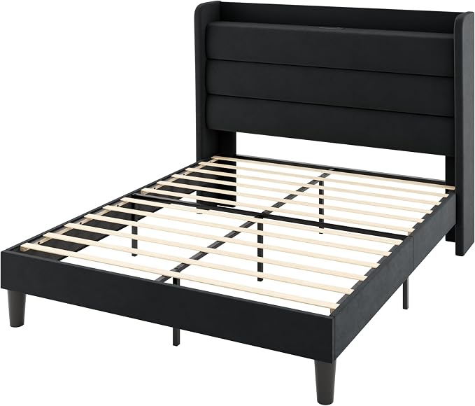 Allewie Full Size Upholstered Bed Frame with Charging Station & Storage Headboard, Soft Velvet Wingback Platform Bed, Strong Wooden Slats Support, No Box Spring Needed, Easy Assembly, Black