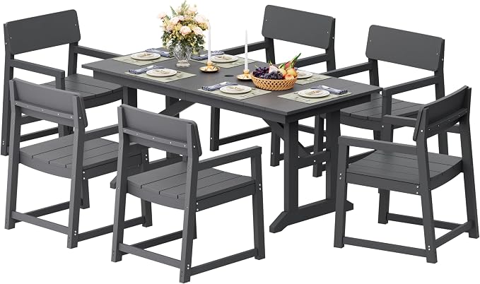 Shintenchi 7 Pieces Outdoor Dining Set,HDPE Outdoor Table and Chairs Set for 6,All Weather Patio Furniture Sets with Umbrella Hole,Modern Wooden Textured Dining Sets for Backyard,Garden,Dark Grey
