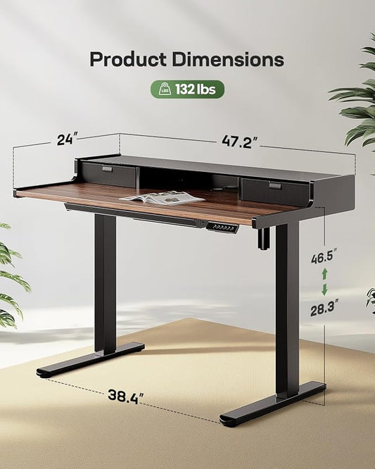 Marsail Electric Standing Desk with Drawers, 48 x 24 Inch Stand Up Desk with Glass Monitor Stand, Height Adjustable Desk with Drawers for Home & Office, 4 Preset Heights, Black Walnut
