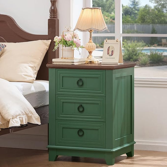 Joaxswe Farmhouse Night Stand Set of 2, 18" End Table with 3 Drawer Metal Handle, Sofa Bed Side Table Chest of Drawers,Wood Nightstand Cabinet for Organizer, Living Room-Green