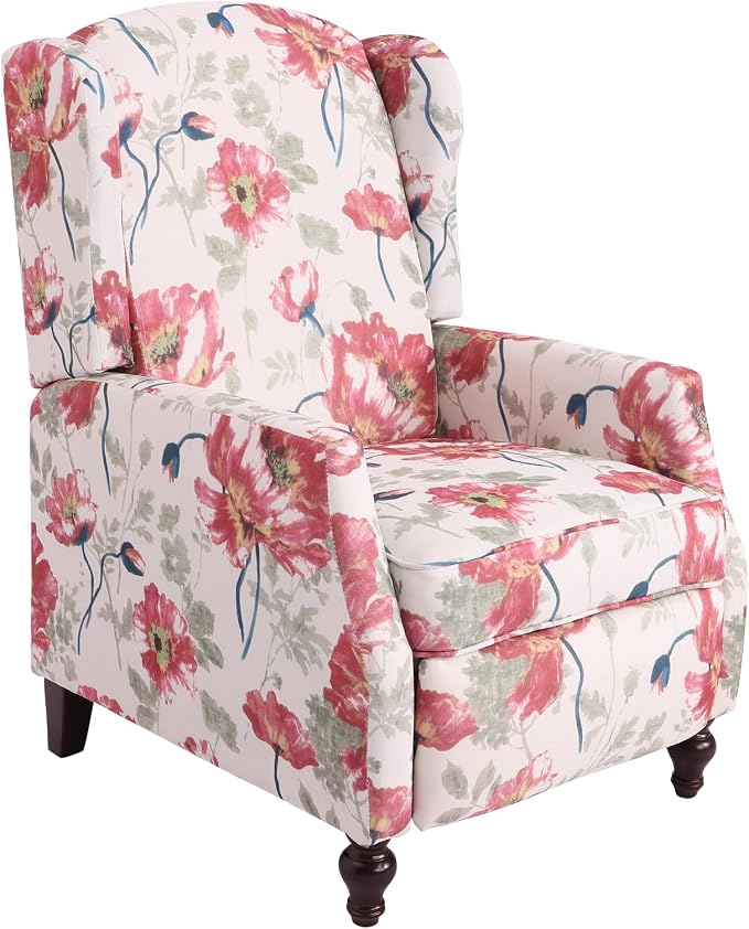 Upholstered Wingback Recliner Chair, Mid Century Modern Manual Push Back Recliner for Living Room, Bedroom (1, Red Floral)
