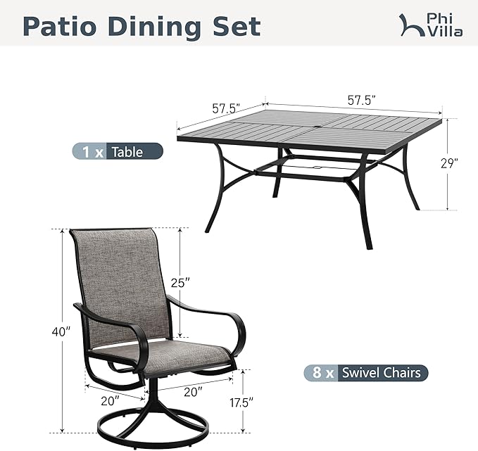 PHI VILLA Outdoor Dining Set for 8, Swivel Mesh Chairs & Square Table,Brown | Textilene chairs and large 57.5'' metal table with umbrella hole. All-weather patio furniture set designed for patio, deck