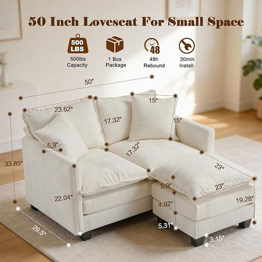 50'' L-Shape Loveseat Sofa with 22" Ottoman, 2 Seat Modern Cloud Couch with 2 Washable Pillows for Small Space Apartment Office Living Room Bedroom, Beige