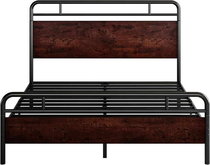 SHA CERLIN Queen Size Bed Frame with Wooden Headboard and Footboard, Rounded Corner Metal Structure, Heavy Duty Slats with Under-Bed Storage, No Box Spring Needed, Mahogany
