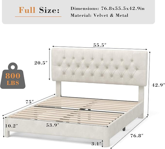 Full Size Bed Frame with Headboard, Luxury Velvet Fabric Upholstered Bed frame with Button Tufted Design, Strong Wooden Slats Support - Low & Sturdy, Noise-Free, No Box Spring, Easy Assembly, Beige | Plush velvet