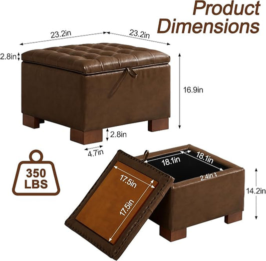 WUTUTUEE 24" Faux Leather Square Storage Ottoman with Wooden Tray, Modern Tufted Button Footstool Coffee Table, Upholstered Small Ottoman for Living Room, Bedroom, Coffee