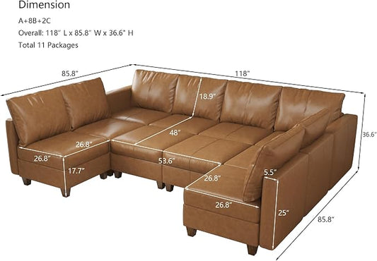 EASE MOOSE Modualr Sectional Couch U Shaped Sofa with Storage Ottomans, Faux Leather Modular Sofa Couch with Reversible Chaises for Apartment