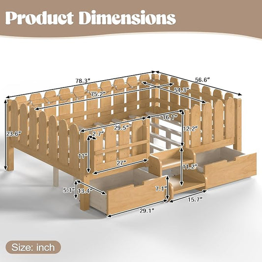 Bellemave Full Kids Montessori Bed with Stairs, Bookshelf and LED Lights, Solid Wood Kids Bed Frame with Storage Drawers for Boys Girls, Low Profile,Natural